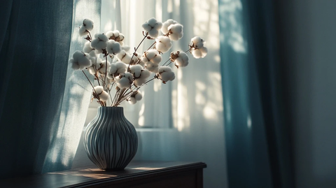 窗边侧柜上的干棉花花瓶