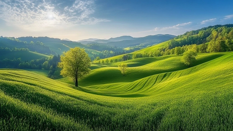 绿色山丘与树林