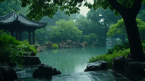 雨中园林景致