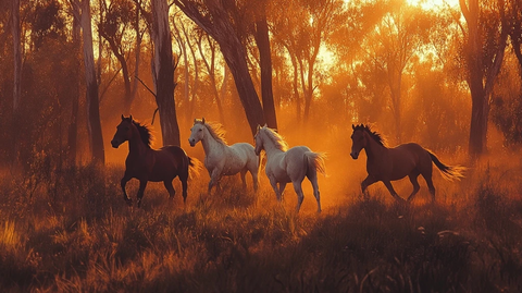 四色马草地日落树影