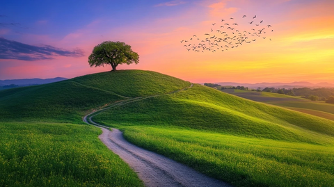 日落时分的小路与远山