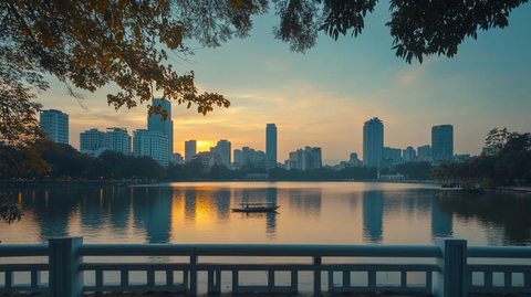 湖畔的城市黄昏