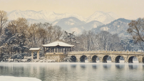 冬日湖景中的亭桥