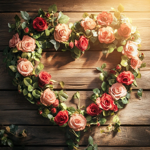 红玫瑰与绿藤心形花环