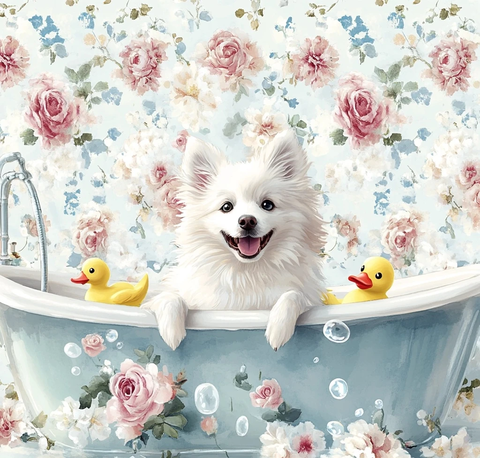 白毛喜乐蒂牧羊犬在浴缸中