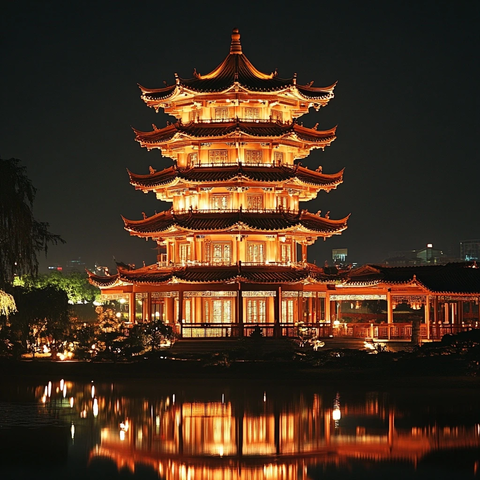 灯火辉煌的古塔