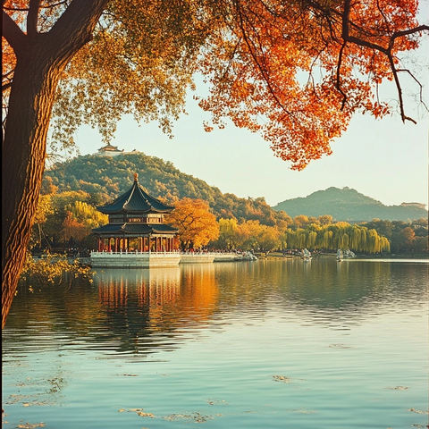 秋景中的湖畔亭子