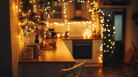 温暖圣诞灯照亮厨房