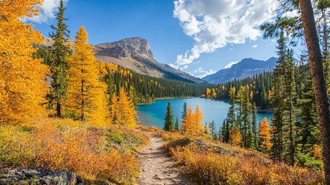 金色森林通向湖泊