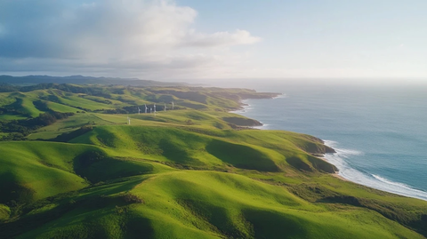 风力发电机在绿色山丘上