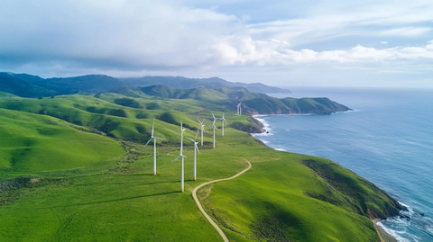 风力发电机在绿色山丘上