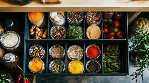 厨房抽屉展示香料与食材