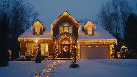 圣诞灯饰装饰的冬日家园