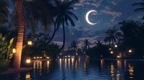 棕榈树与新月倒影