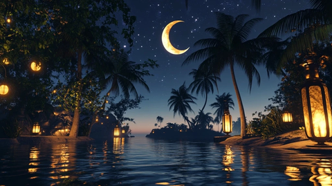 棕榈树与新月倒影