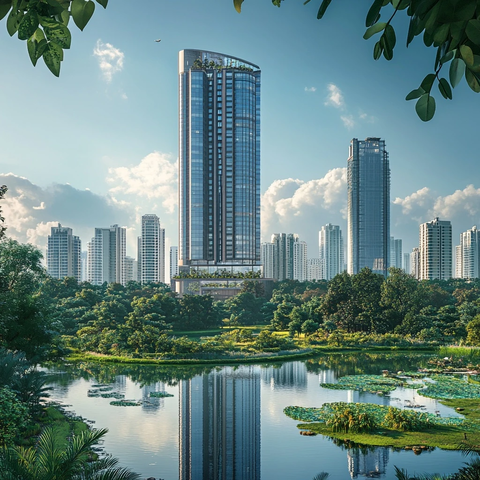 湖景环绕现代建筑