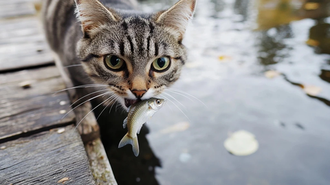 码头上的猫叼着小鱼