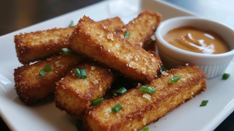 面包糠炸豆腐条配花生酱