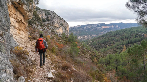 年轻人在山中徒步旅行