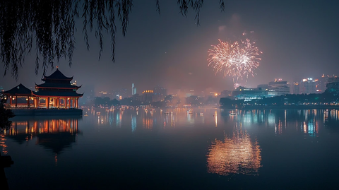 湖畔烟花夜景