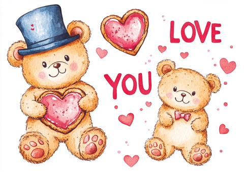 水彩泰迪熊戴礼帽持心形饼干