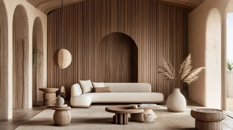 木质墙面弧形沙发悬挂灯植物花瓶