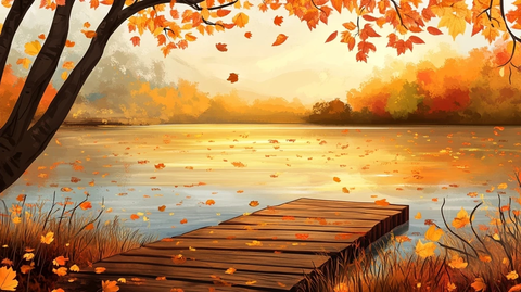 秋日落叶湖面木码头