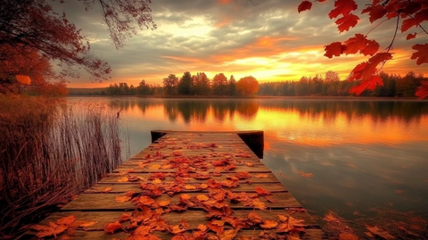 秋叶落湖木码头