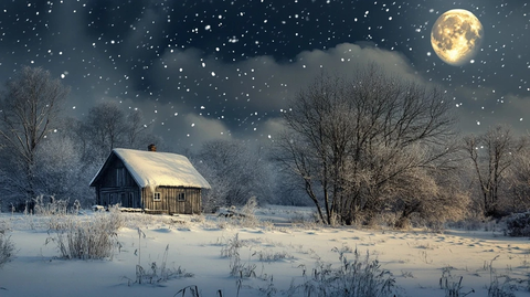 冬夜小屋与明月