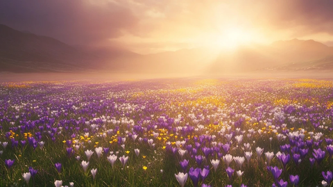 春季草地上的紫色白色黄色番红花