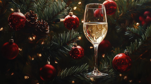 圣诞树上的香槟杯与红饰物