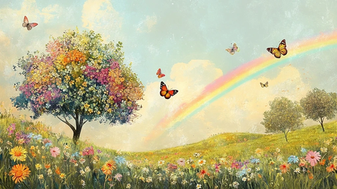 春景树木花朵蝴蝶彩虹
