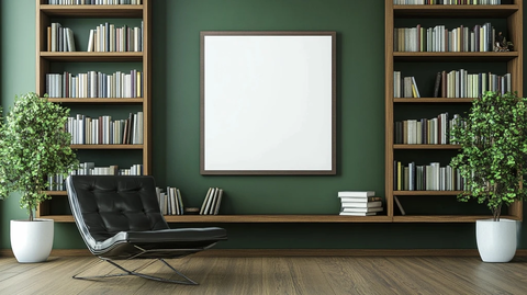 现代客厅绿色墙木架白框背景