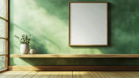 现代客厅绿色墙木架白框背景