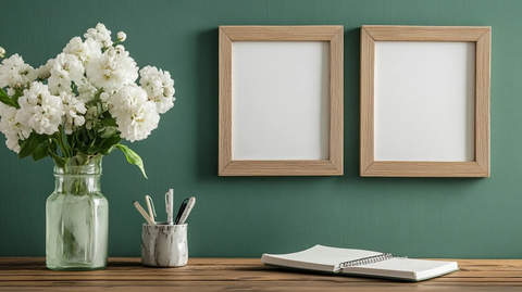 木框空白相框挂绿墙