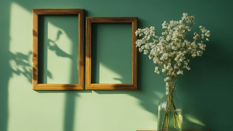 木框空白相框挂在绿墙上