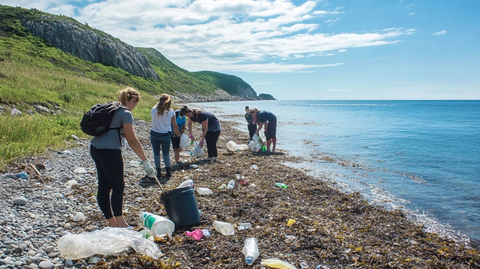 海滩清理志愿者移除塑料污染