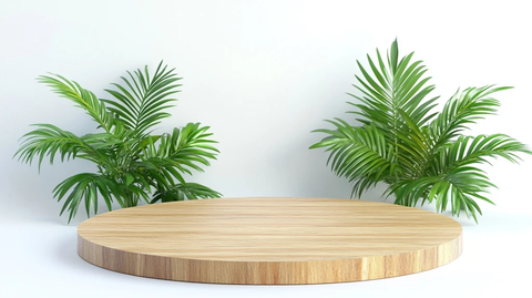 木质圆台与绿棕叶