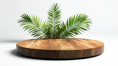 木质圆台与绿棕叶