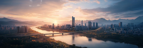 日出下的城市与江景