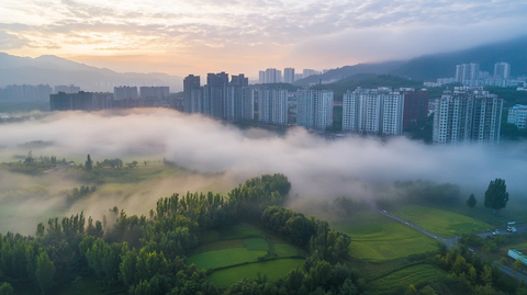 晨雾中的城市风光