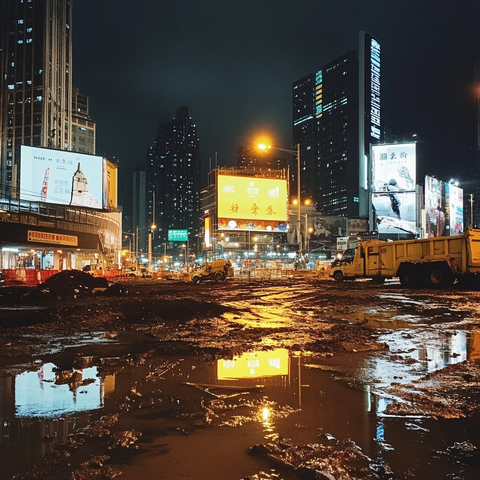 雨夜城市工地