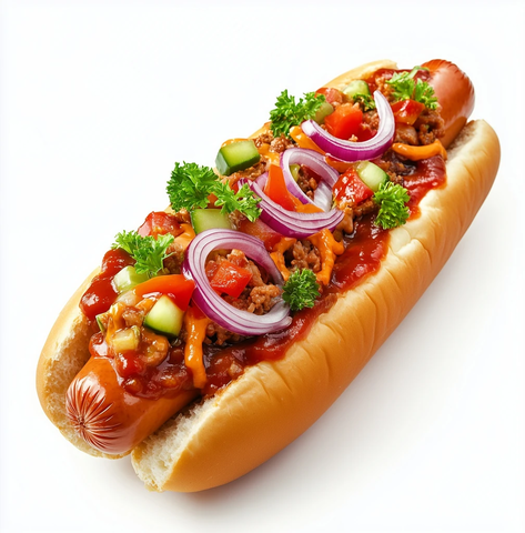 热狗配肉酱蔬菜