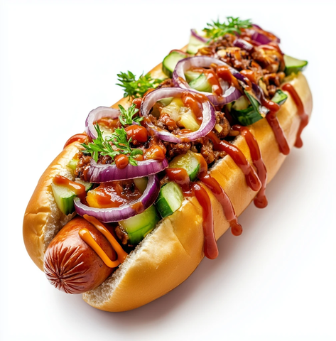 热狗配肉酱蔬菜装饰