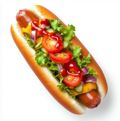 热狗配彩色酱料和新鲜蔬菜