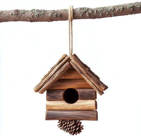 木制鸟屋悬挂松果