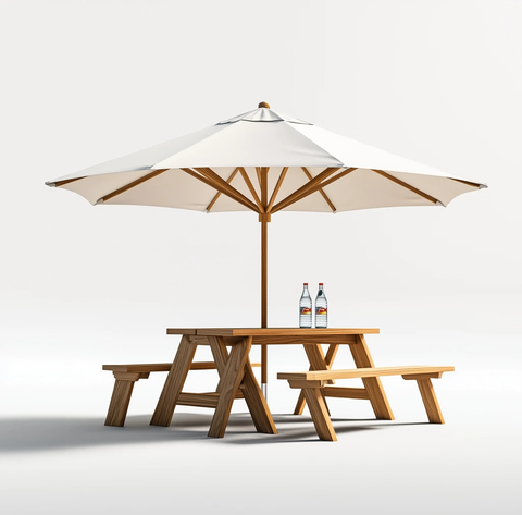 木框四座遮阳伞与水瓶