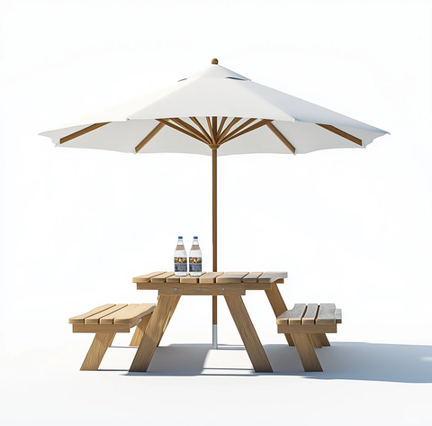木框四座遮阳伞与水瓶
