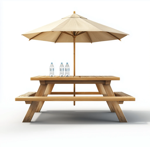 木制野餐桌与遮阳伞