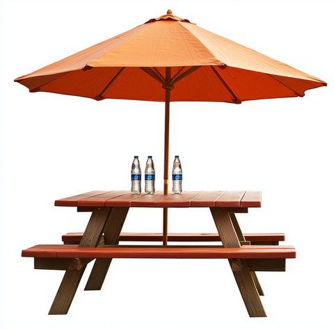 木制野餐桌与遮阳伞